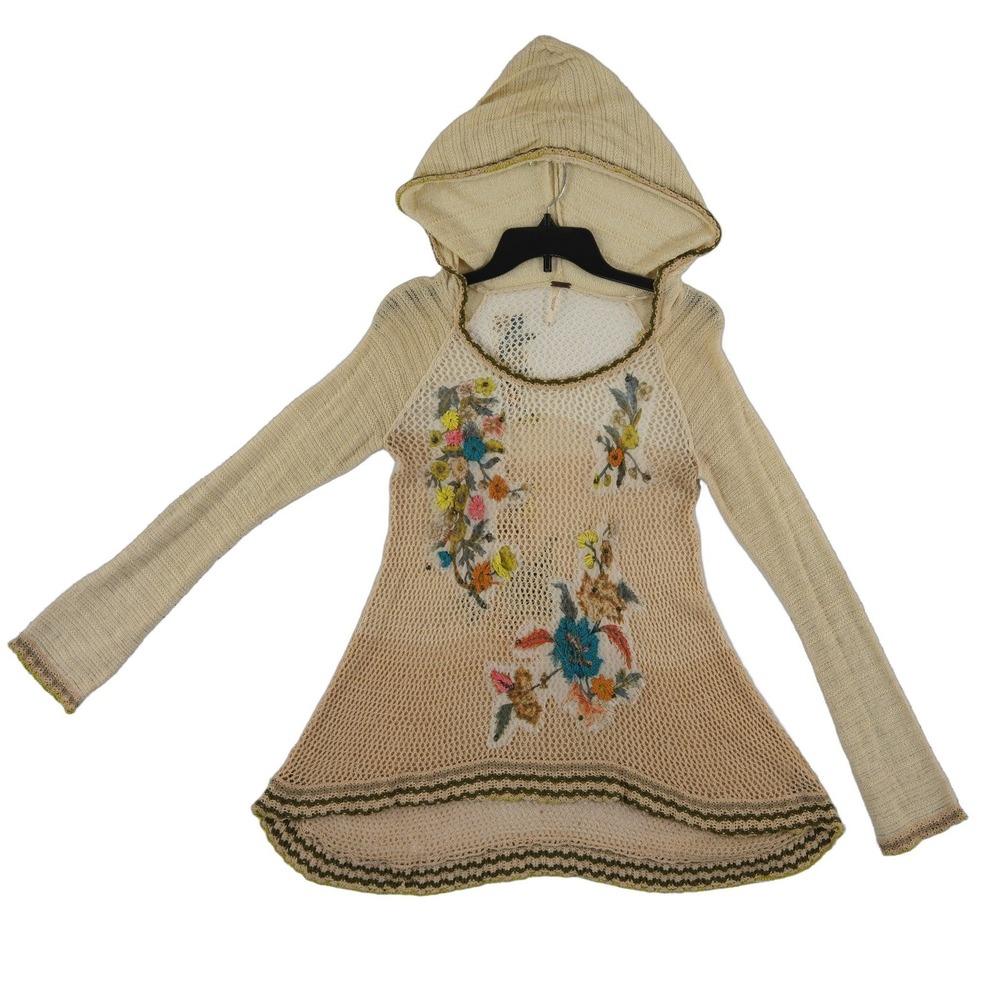 Free People Hooded Tunic Women's Size XS Cream Floral Embroidered Boho